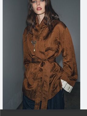 Zara Brown Belted Satin-Look Jacket